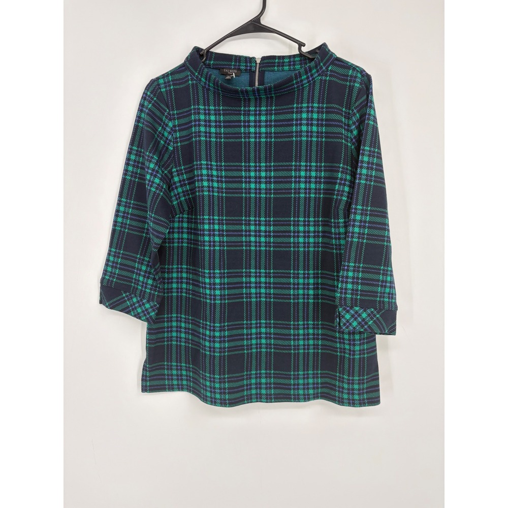 Talbots Top Womens LP Green Navy Blue Plaid Funnel Neck Zip Back Knit 3/4 Sleeve